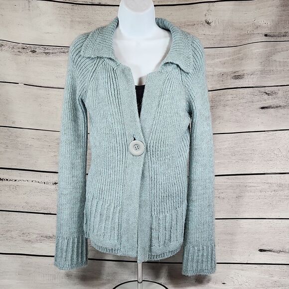 ☔️🔸️BCBGMaxAzria Blue Variegated Alpaca Single Button Cardigan Sweater Large - Picture 2 of 12